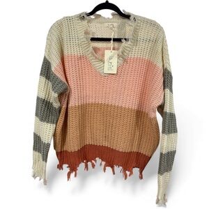 La Miel Striped Frayed Hem‎ V Neck Sweater- Size S/M